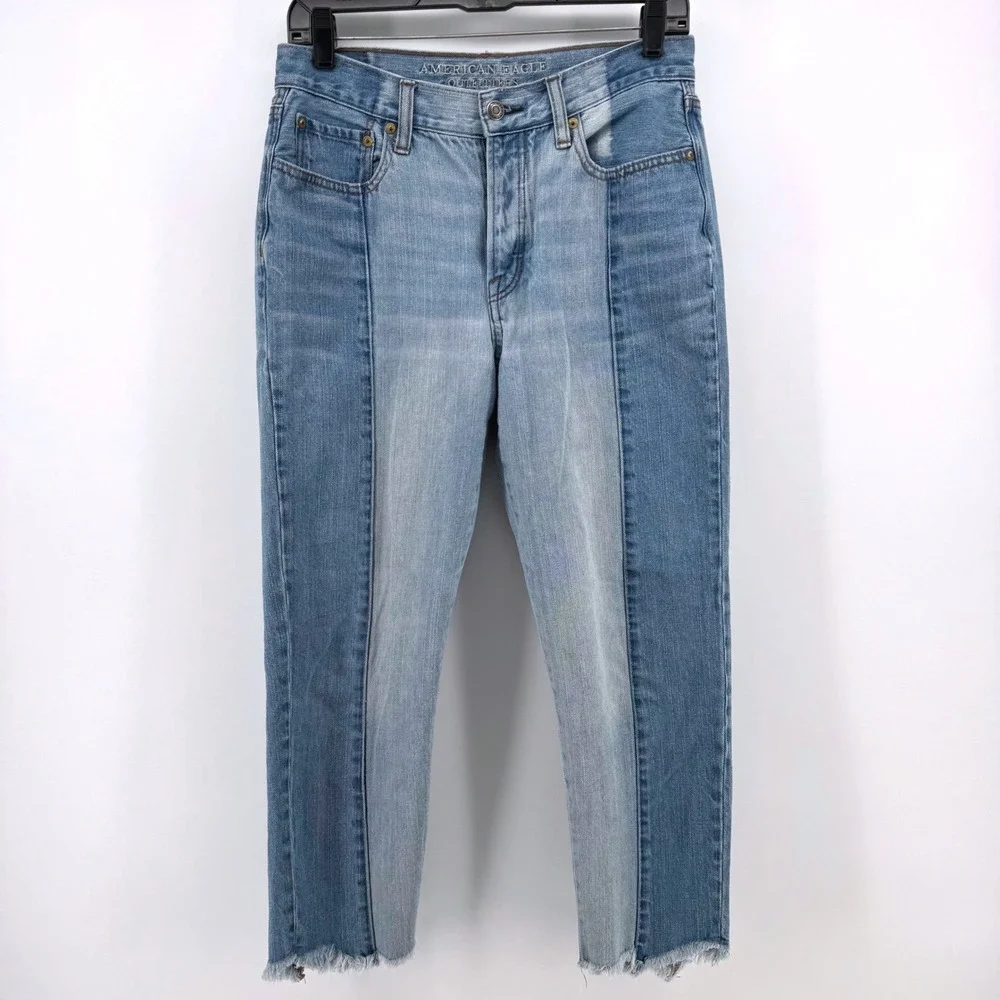 American Eagle Size 8 Vintage Hi-Rise Two Tone Paneled Jeans Blue Cotton Frayed - Picture 2 of 8